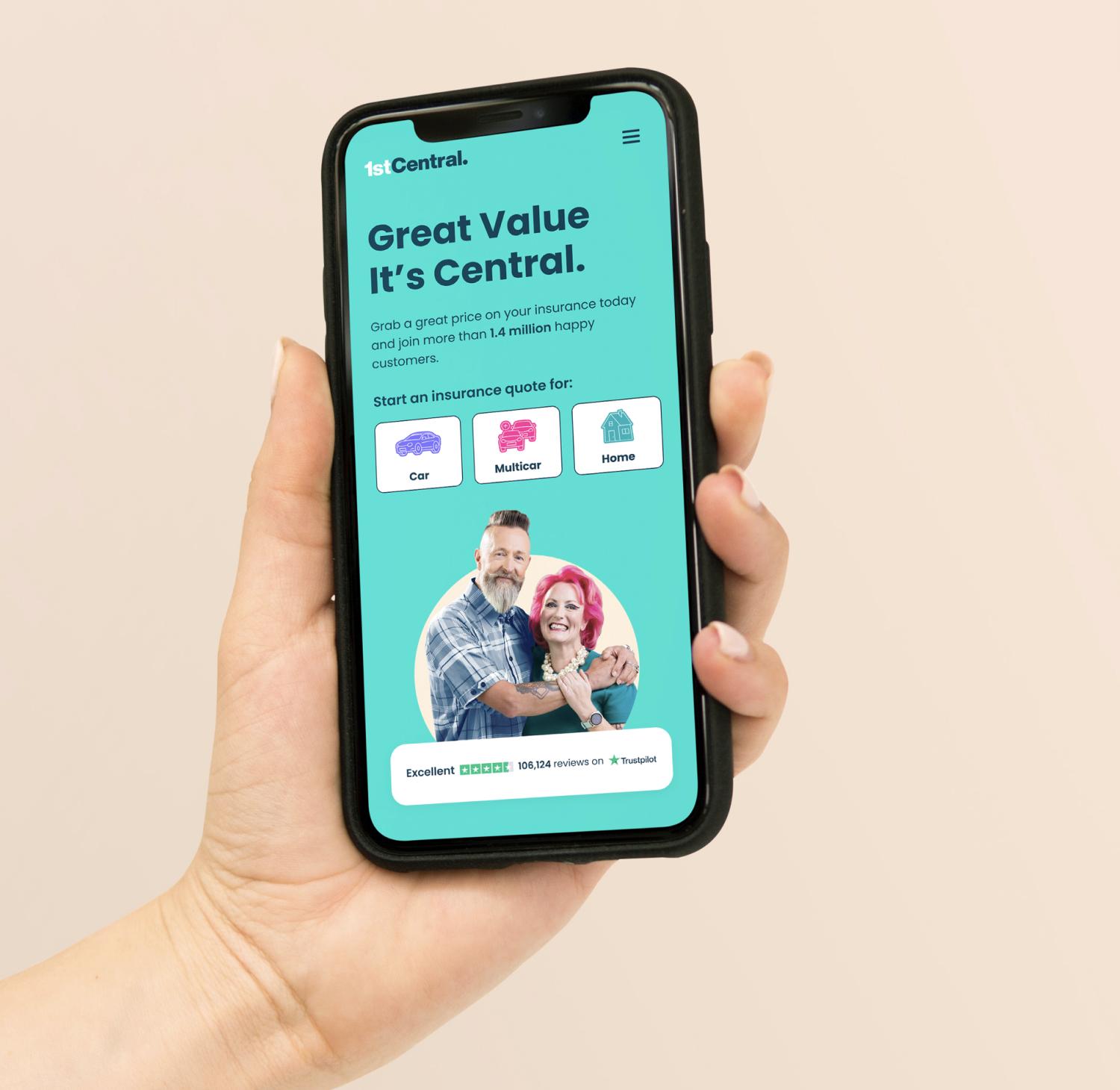 First Central website shown on a mobile in a woman's hand