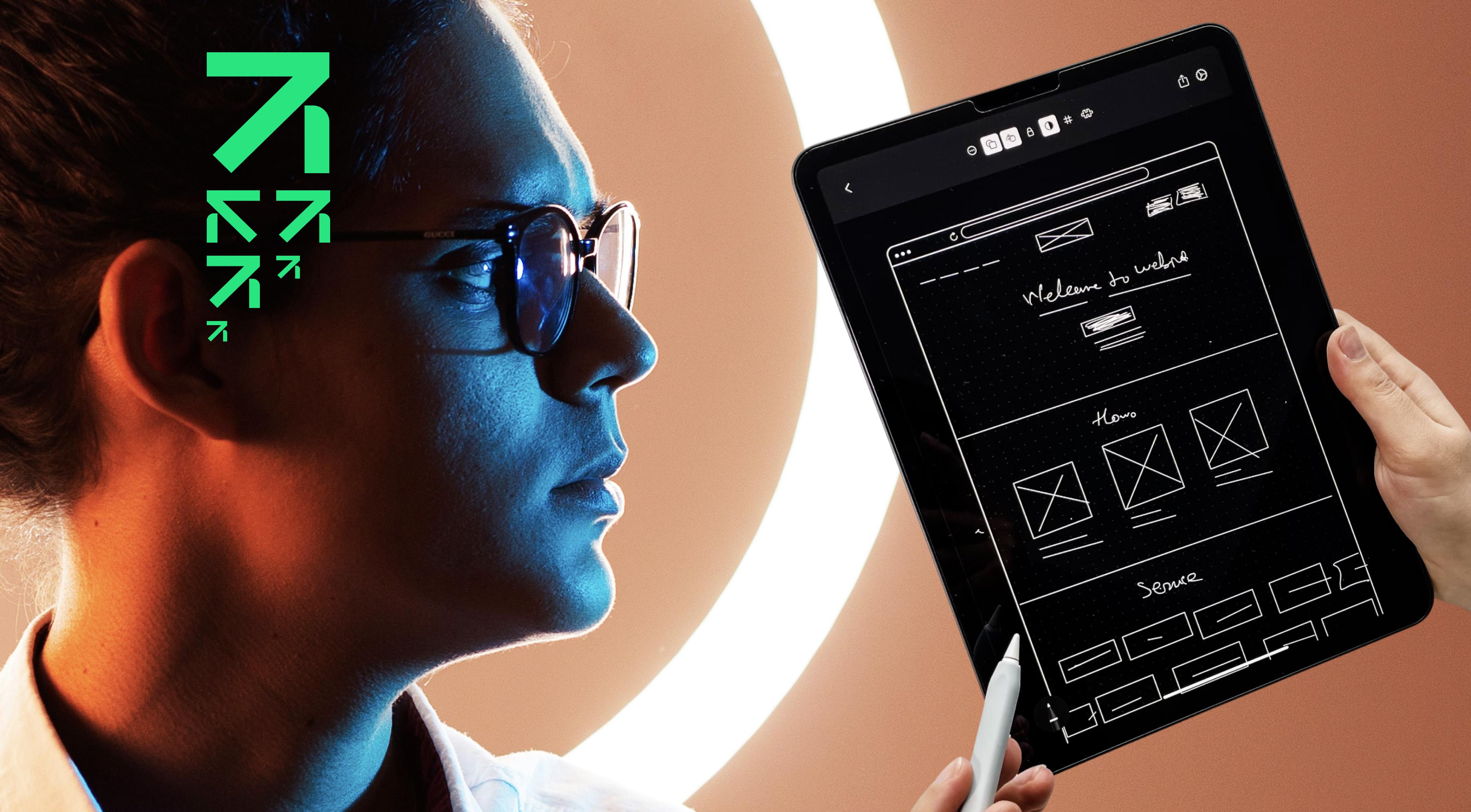 An image of a man in profile wearing glasses. To the right of him is a tablet with a wireframe on it.