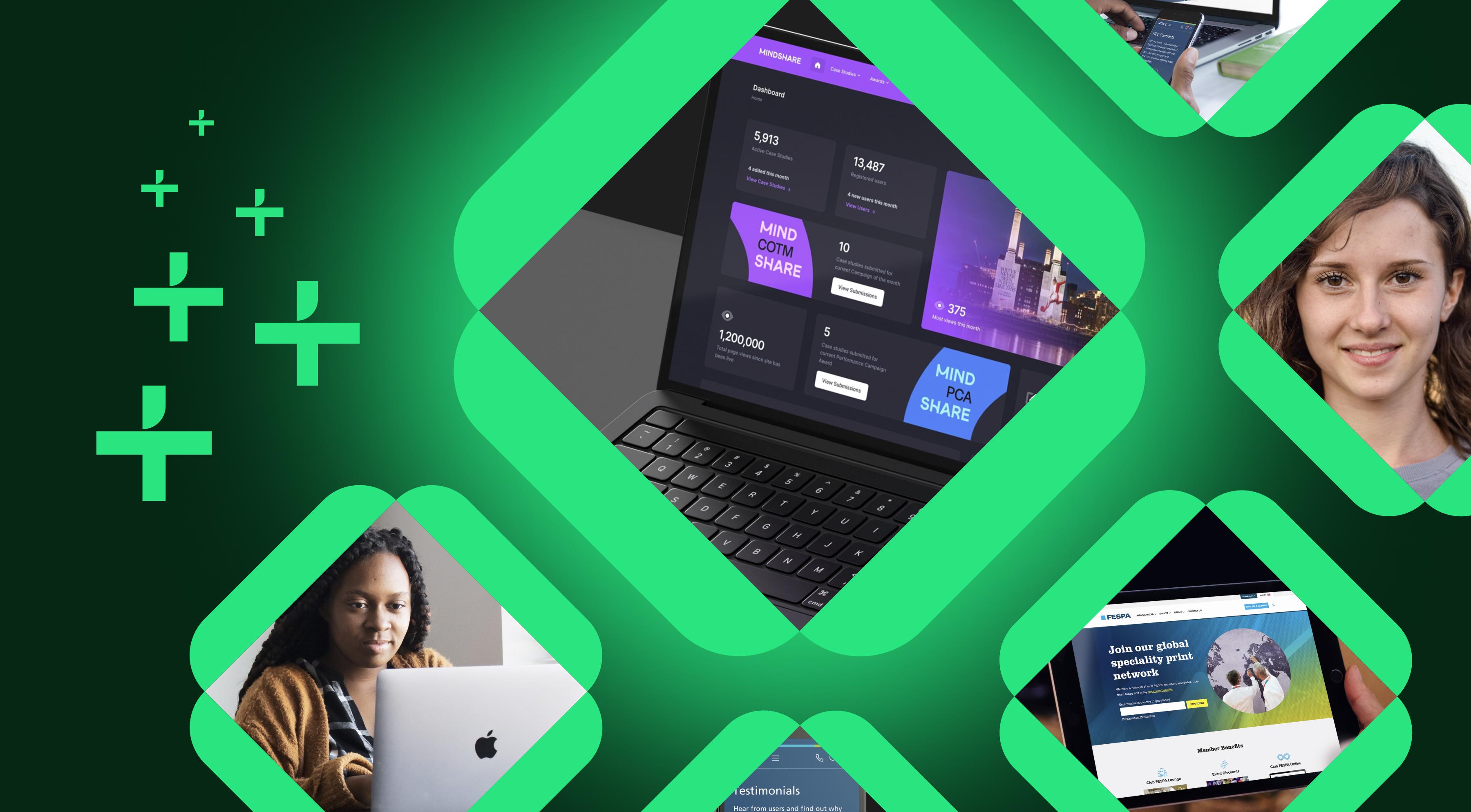 A montage of green shapes showing websites and two women smiling