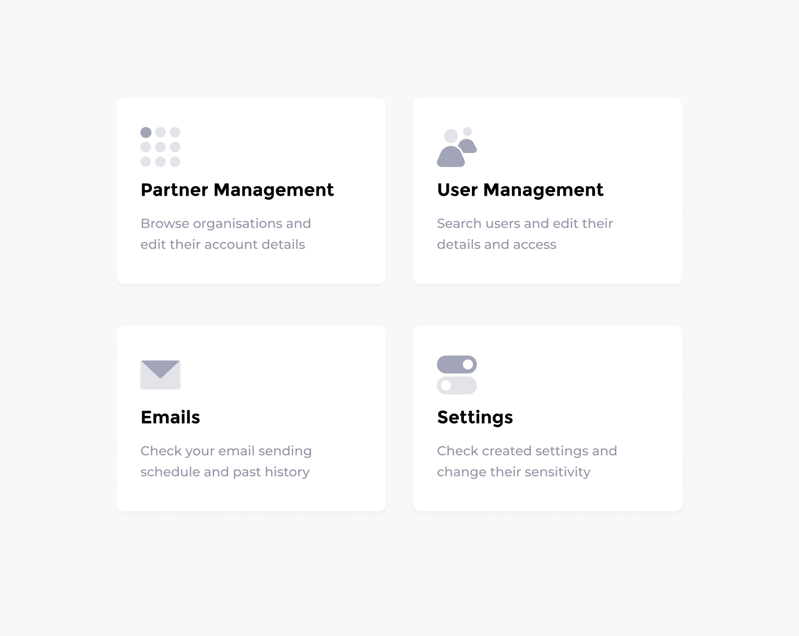 A screenshot of dashboard links to Partner and User Management and email settings