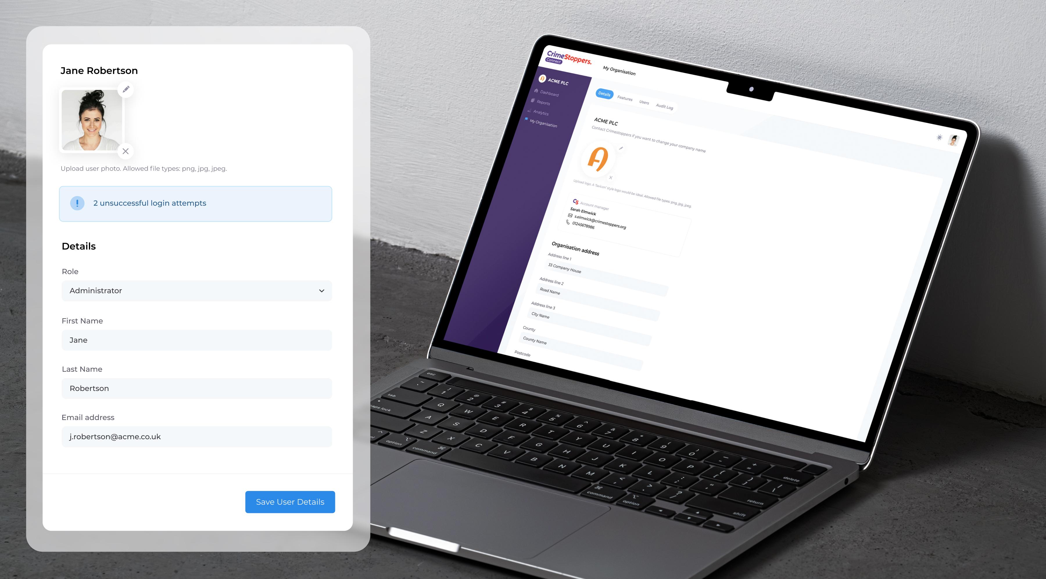 A screenshot of the Connect dashboard showing a large image of a user with their access levels