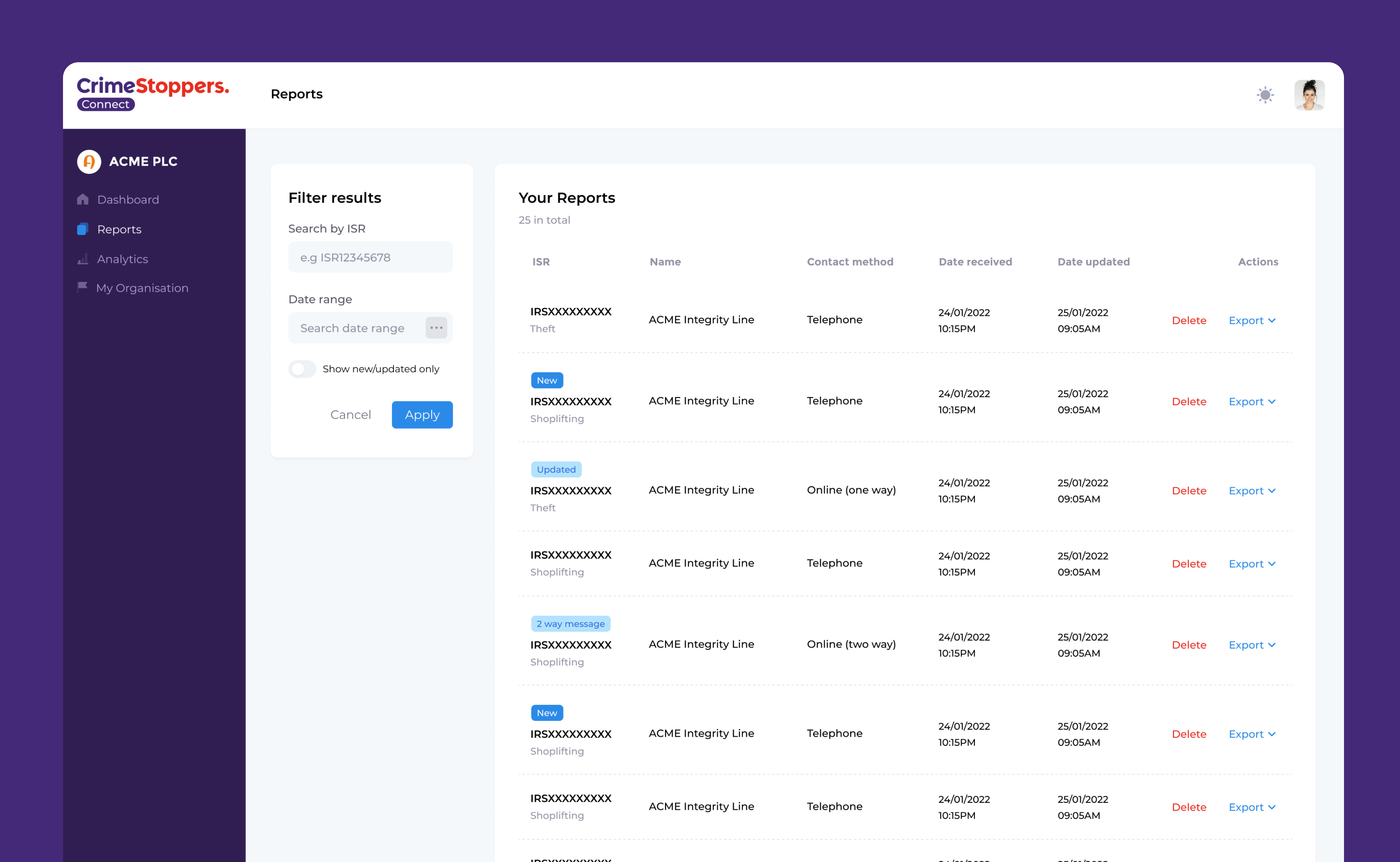 A screenshot of the Connect dashboard. A white background with reports shown in a list