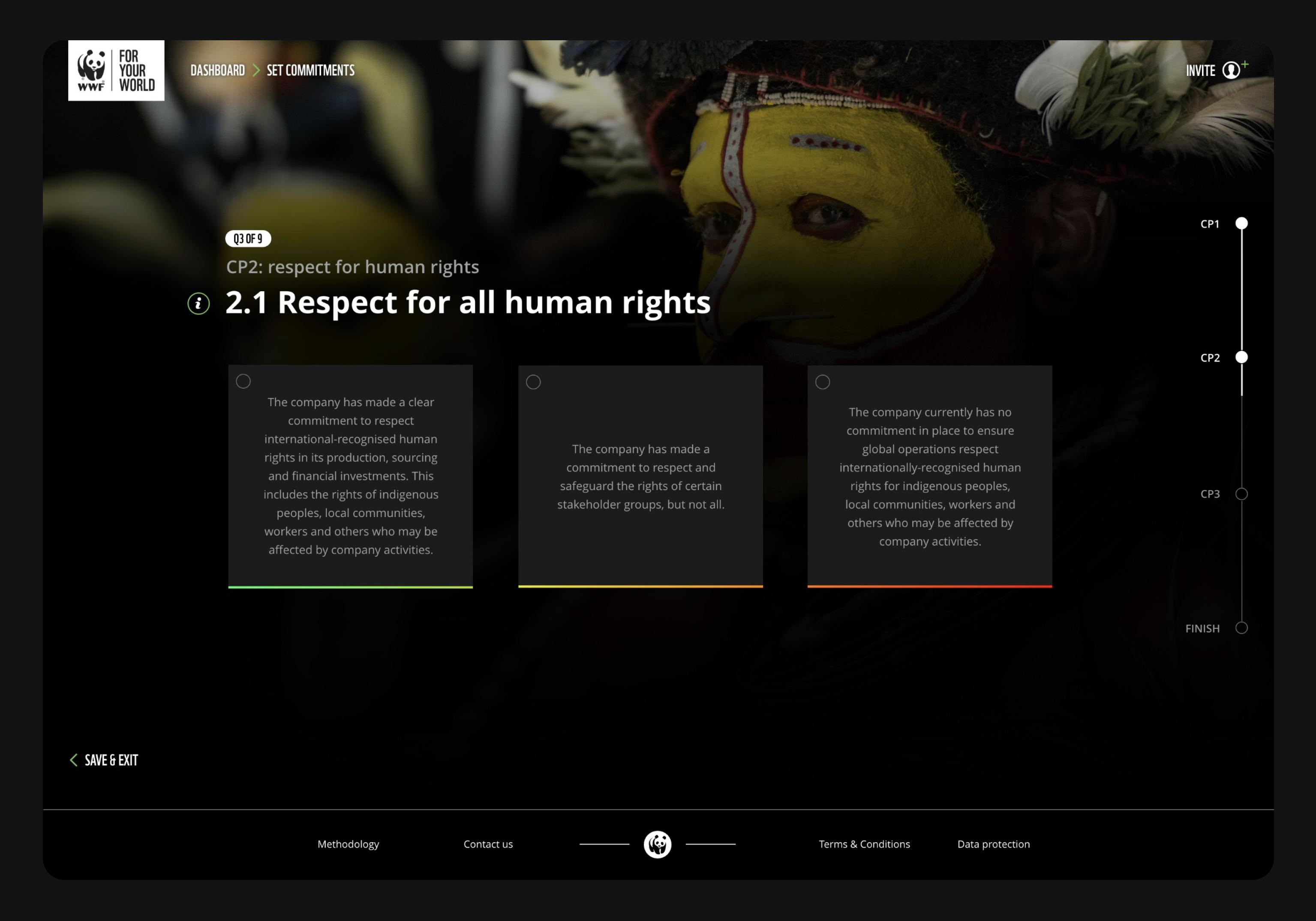 A view of the site, showing a question with three responses. The site is a dark design with a native tribesman faded in the background.