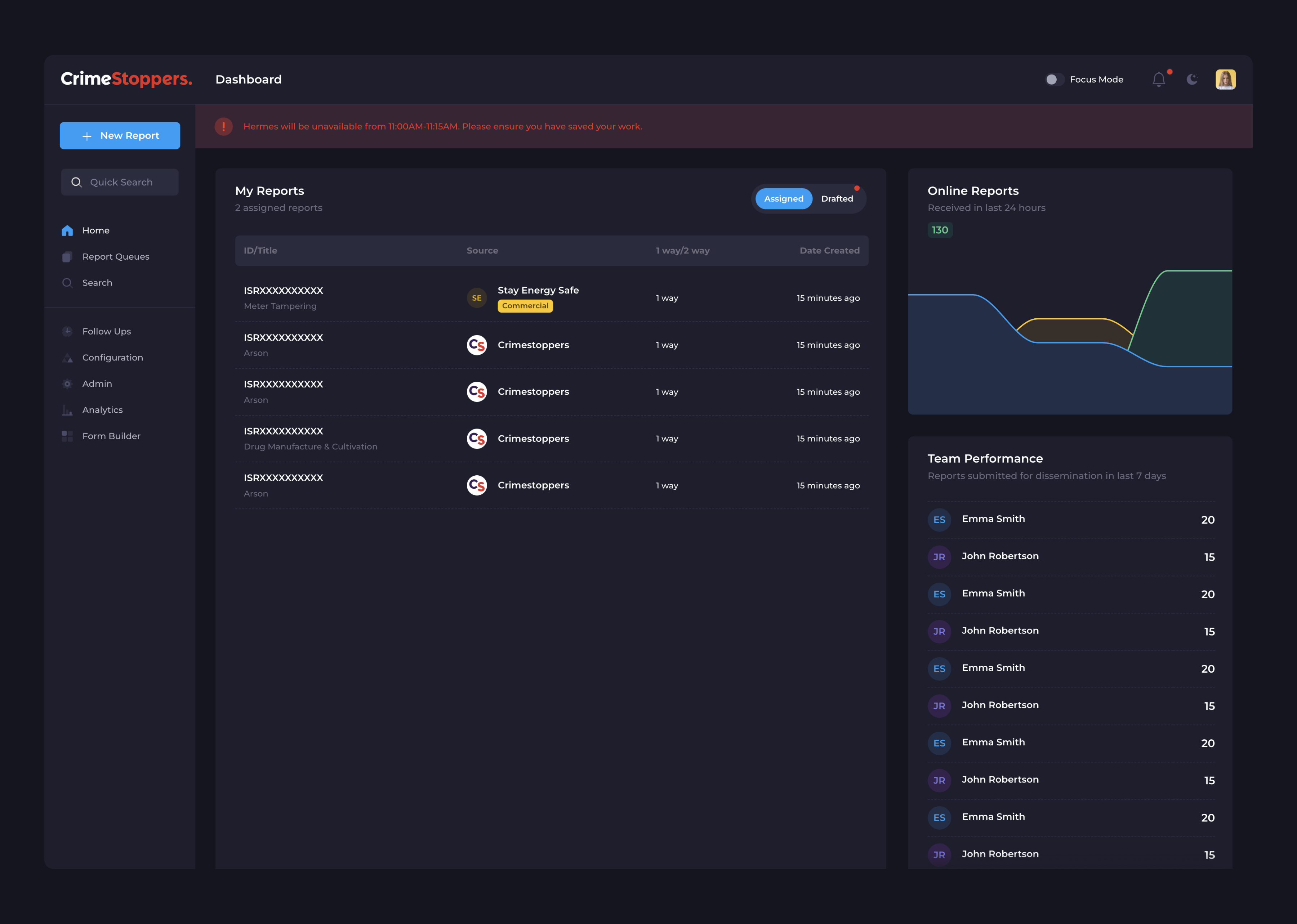 The dashboard in a dark colour theme