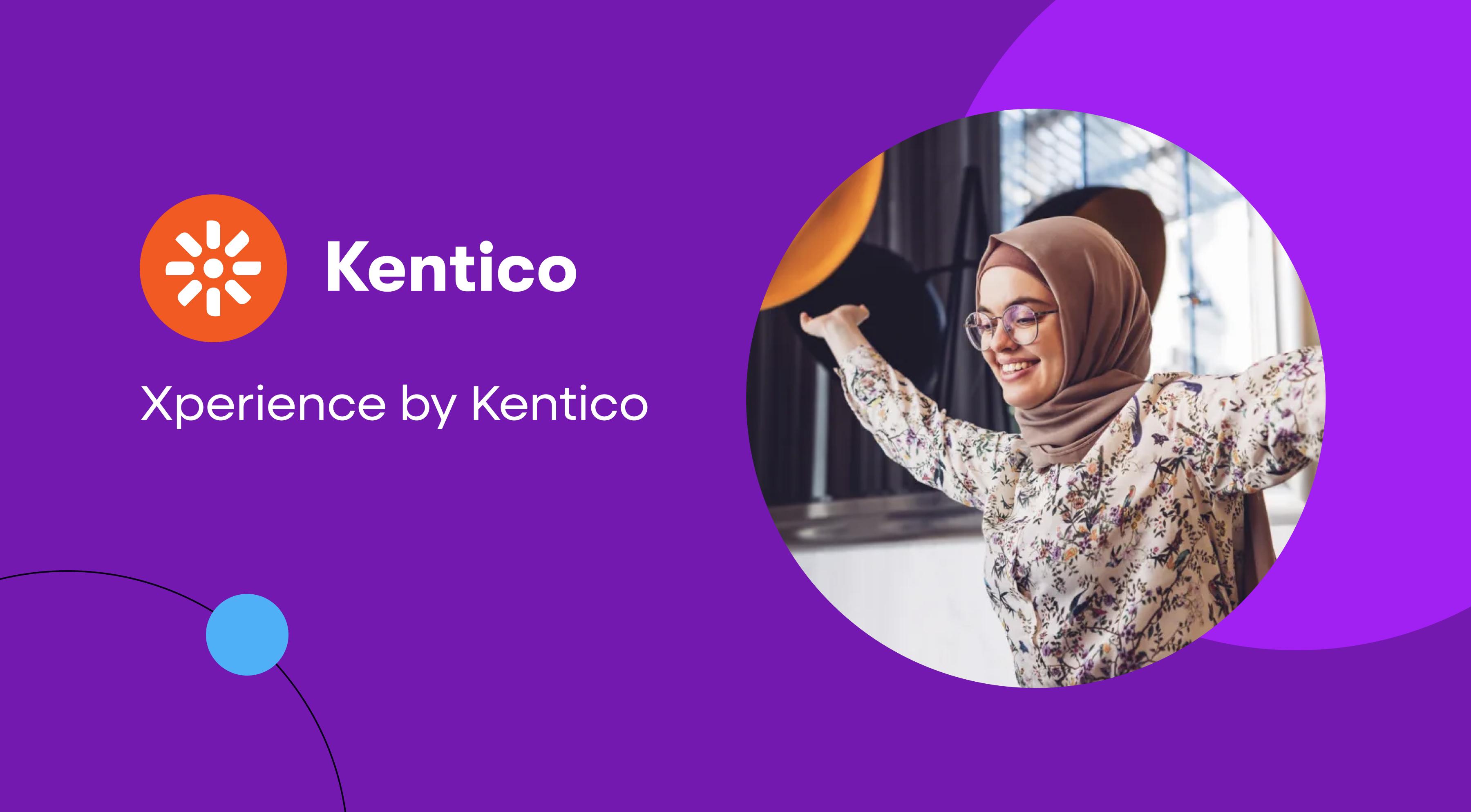 A bright purple background featuring the Kentico logo.  A woman inside a circle shape wearing a head scarf is smiling a raising her hands