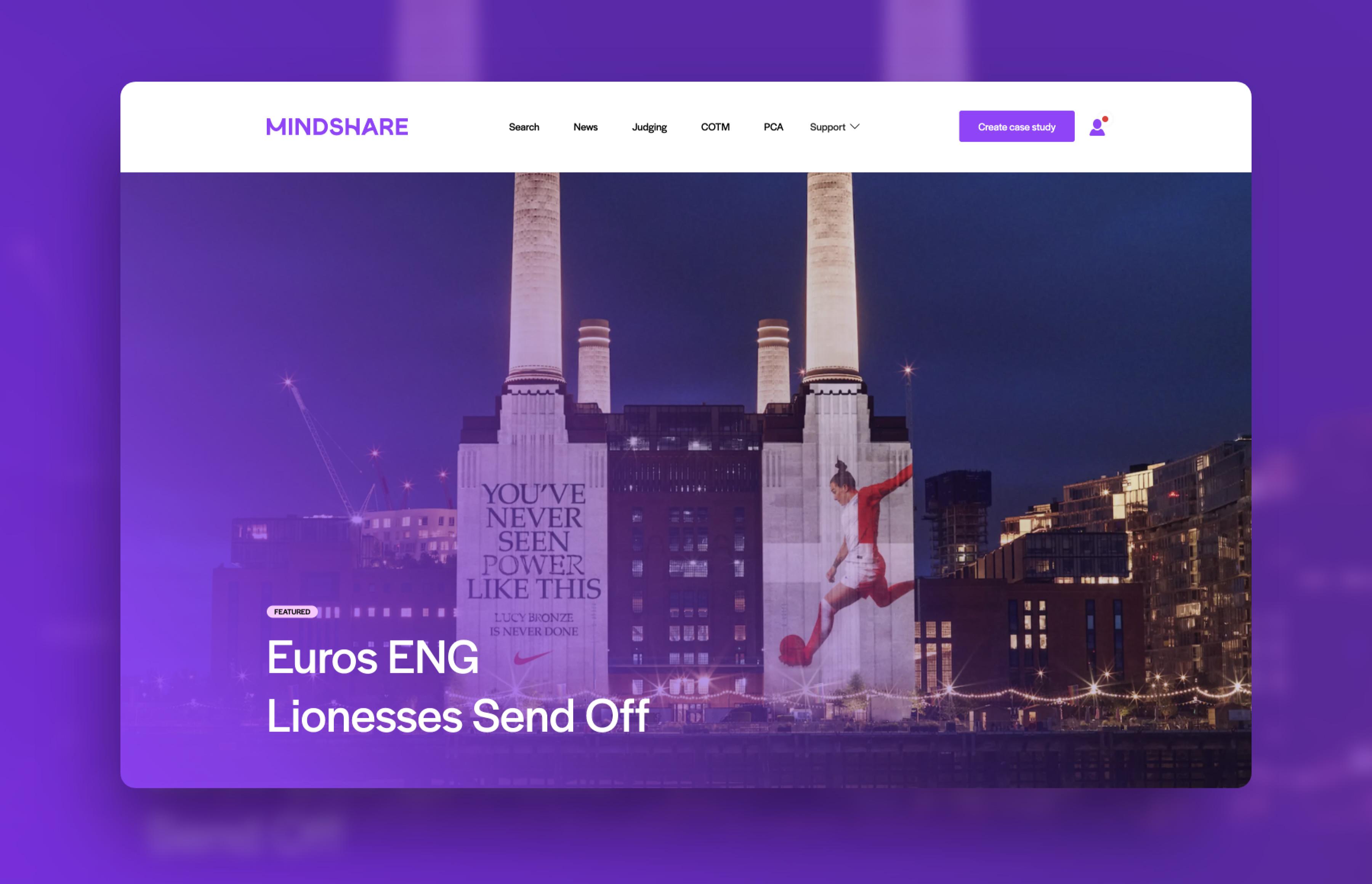 Home page of Mindshare case studies with a rich purple background