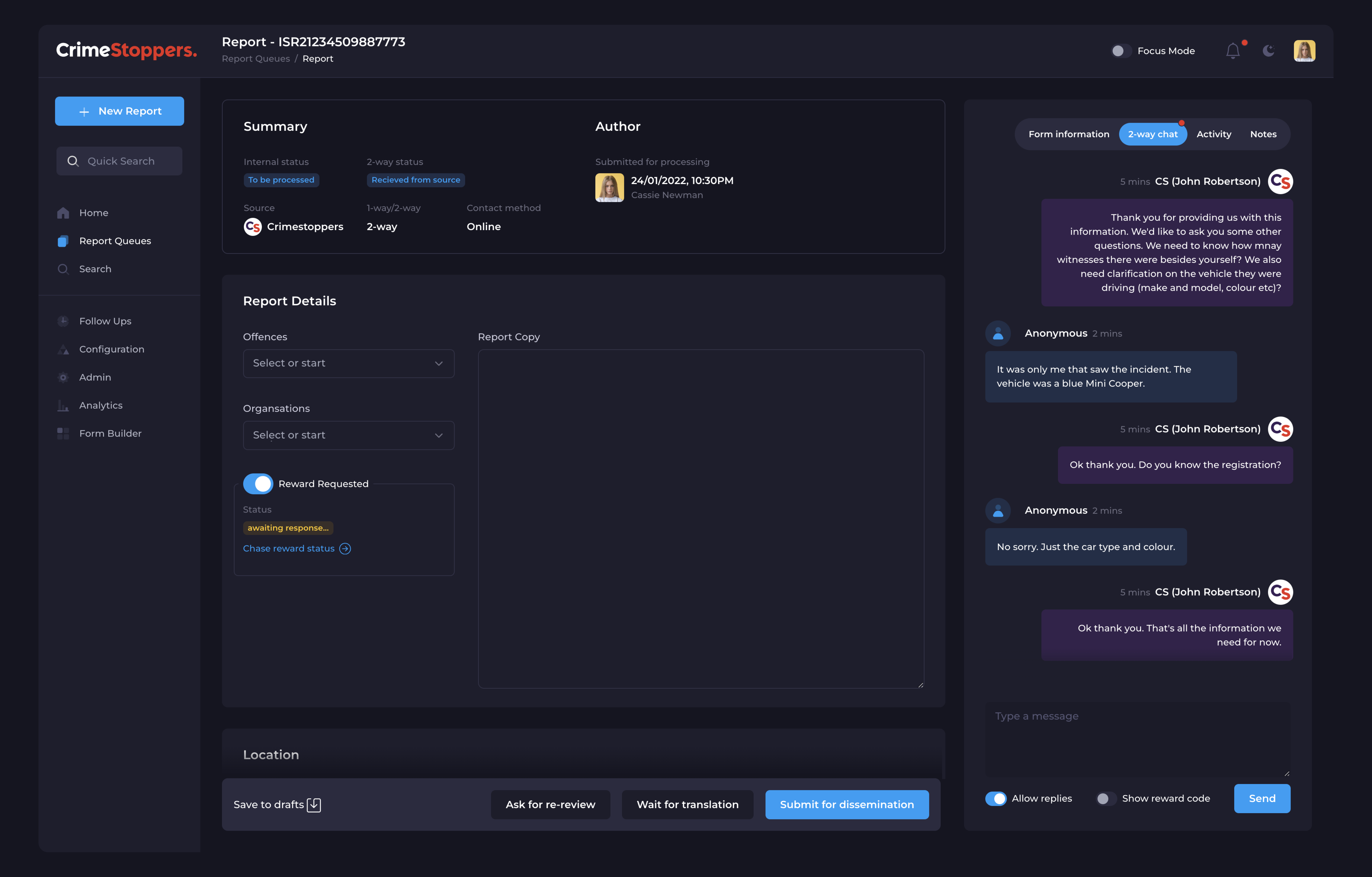 The report page view in dark mode