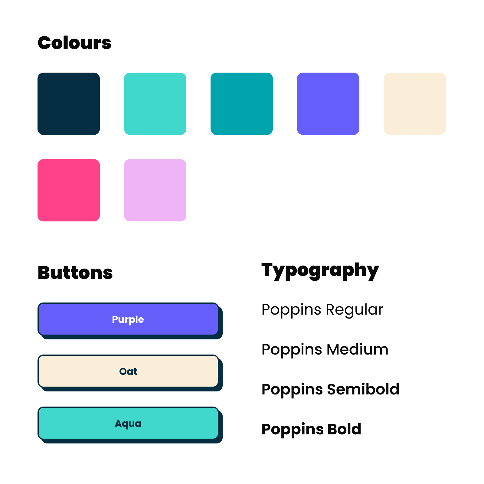 Styleguide showing 1st Central brand colours of navy, aqua and oat colours