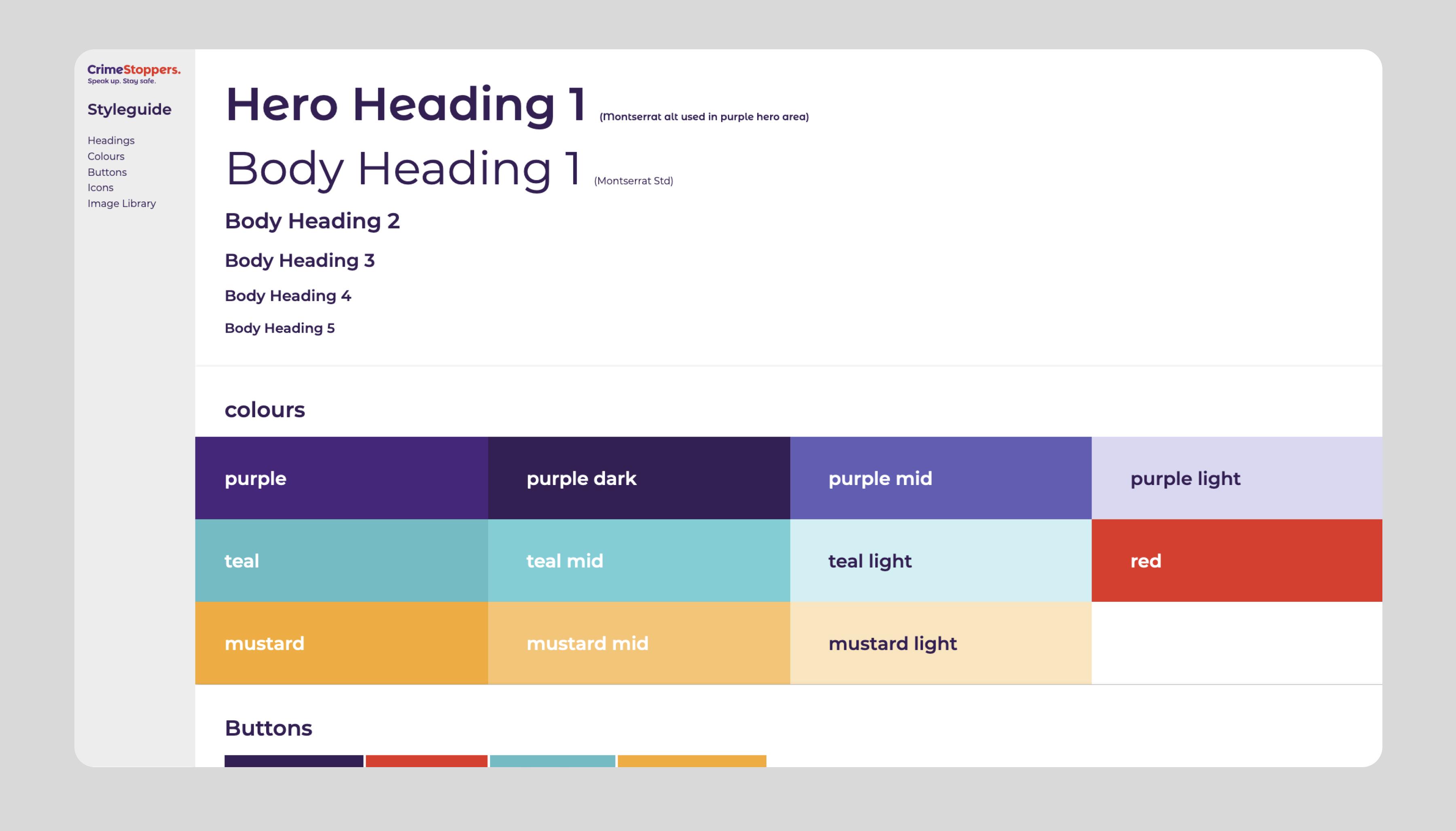 An image of a site styleguide, showing colour usage and fonts taken from the brand