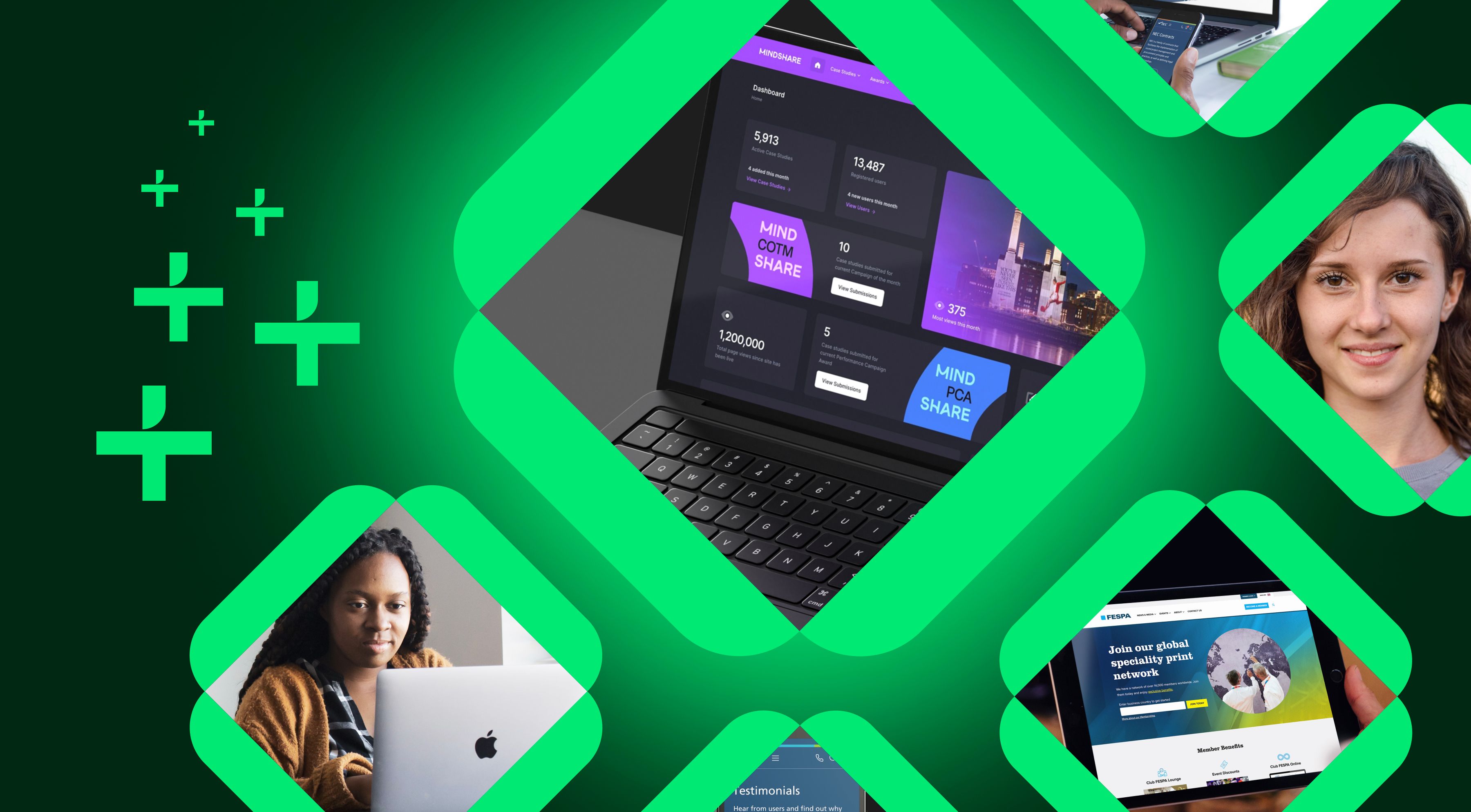 A montage of green diamond shapes with website and smiling people inside them