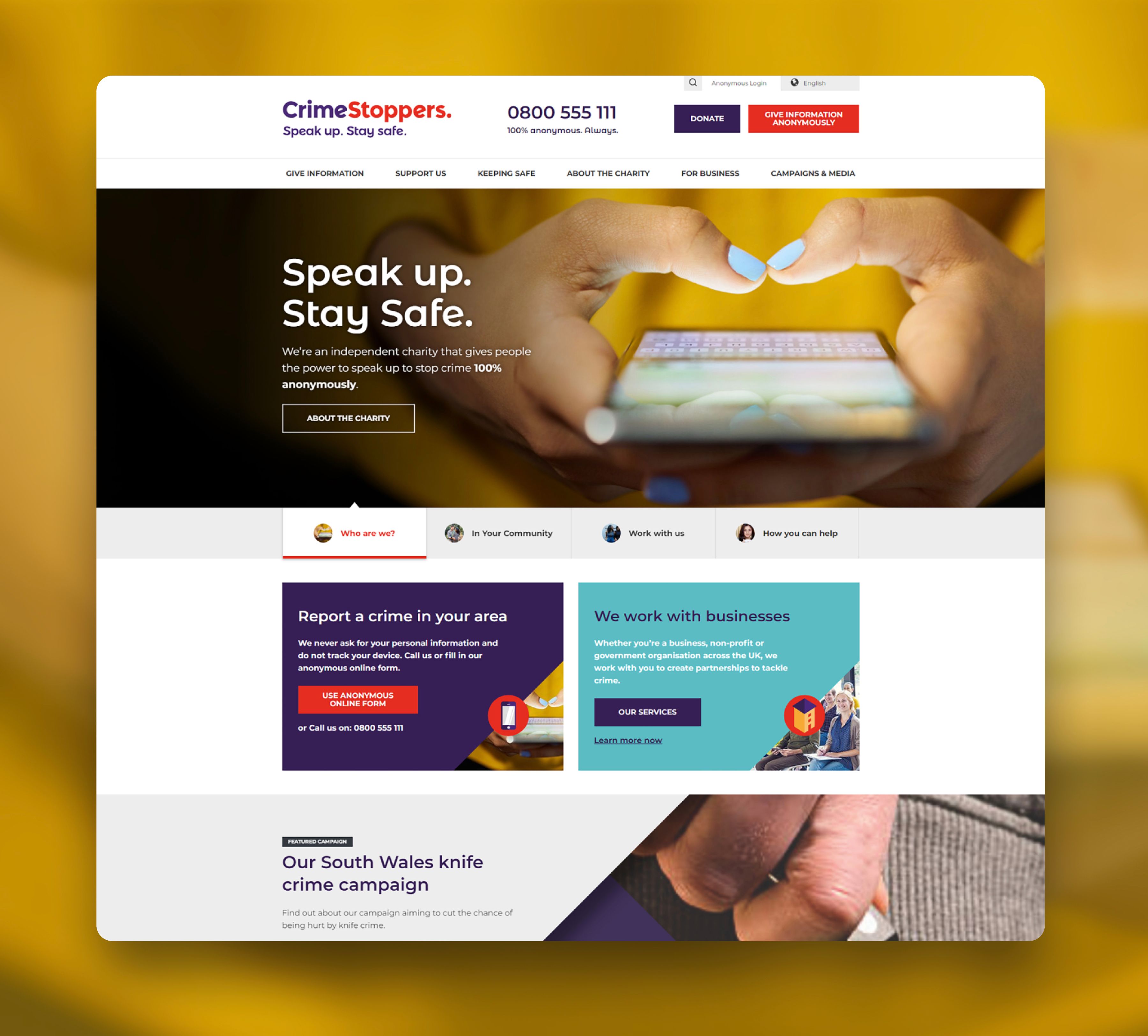 Crimestoppers home page, featuring a close up shot of a person's hands using a phone, against a mustard yellow background