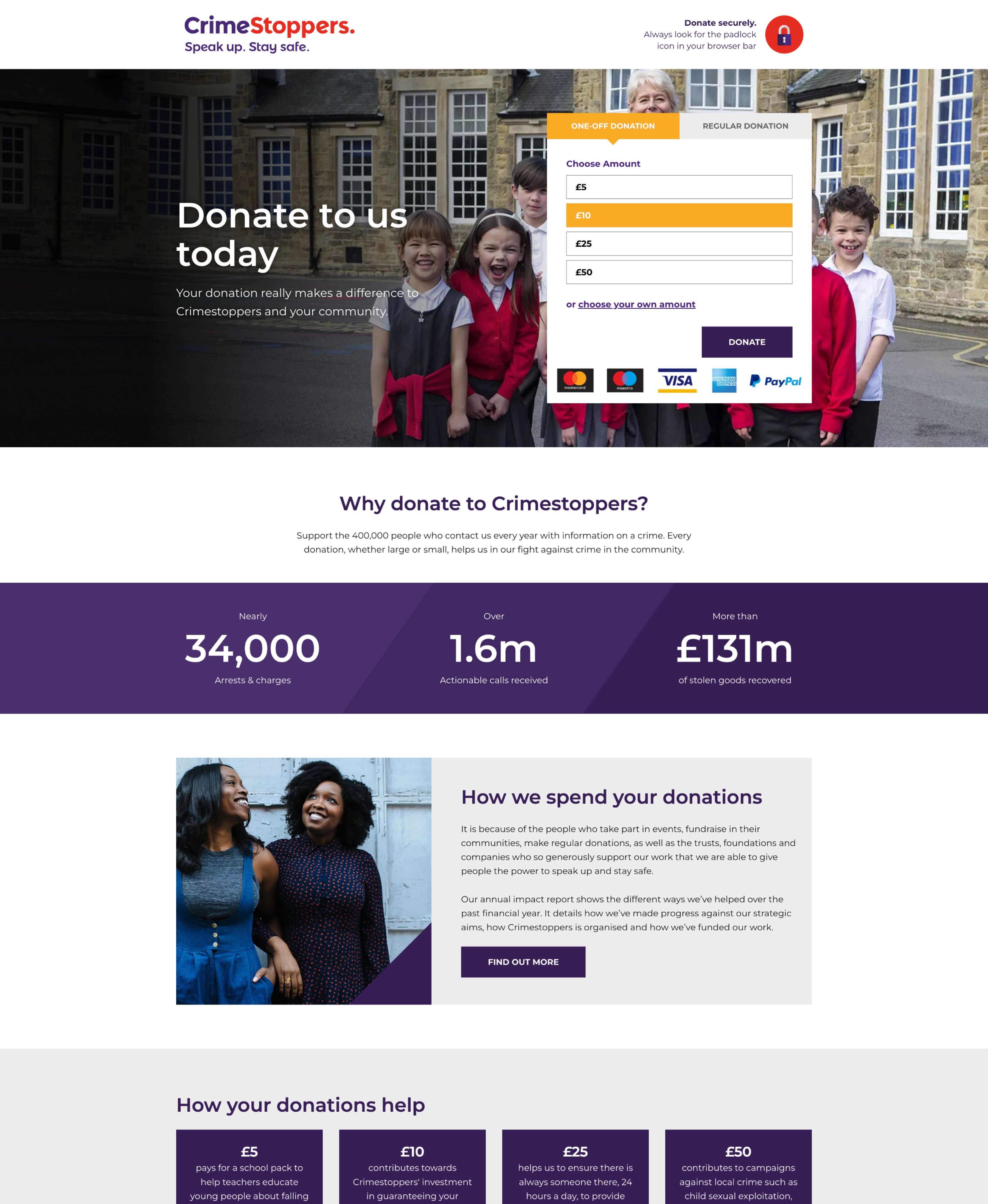 The donation page of the site, showing a banner image of smiling kids and their teacher