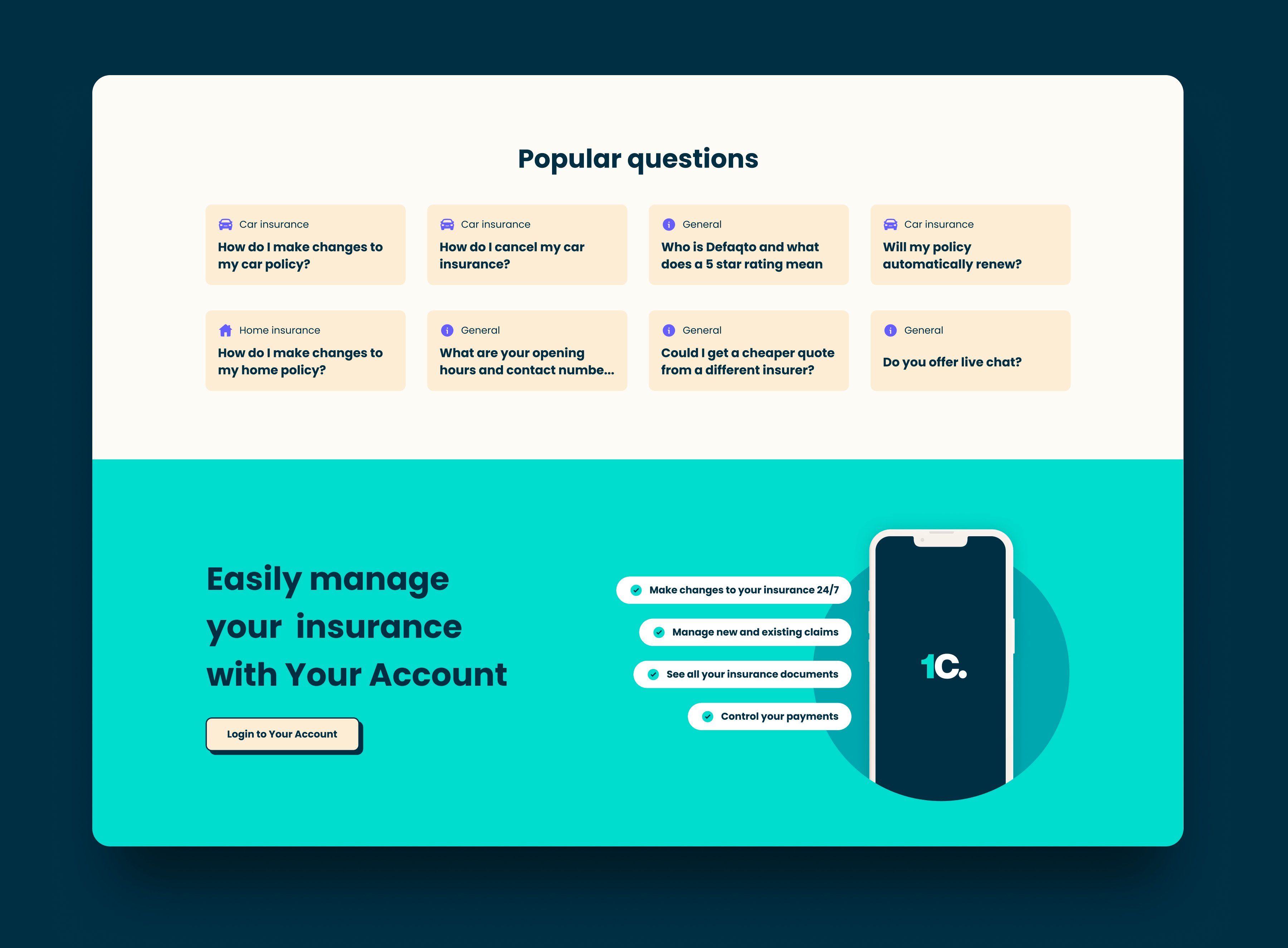 More of the home page, showing popular questions in an oat background coloured section