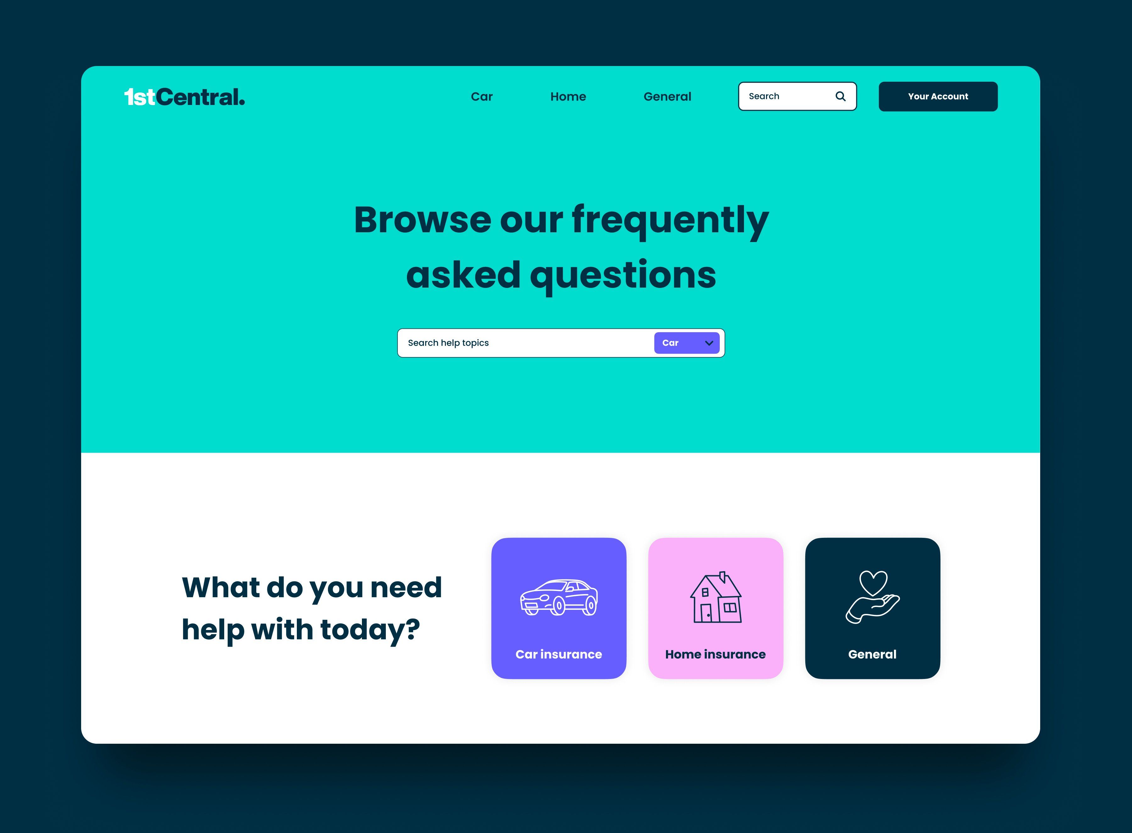 The home page of 1st Central FAQs showing a search box with an aqua coloured background