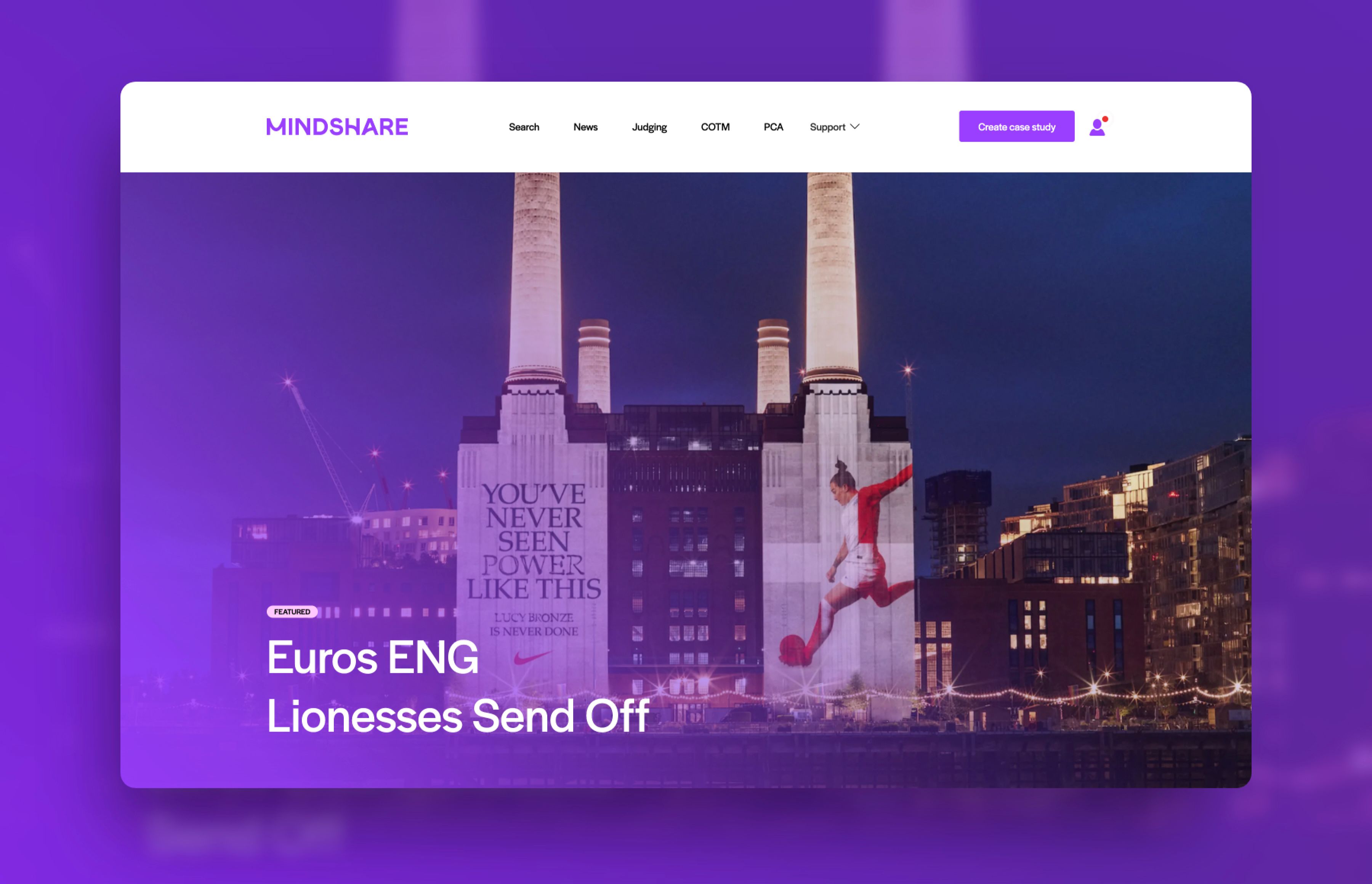 Home page of Mindshare case studies with a rich purple background