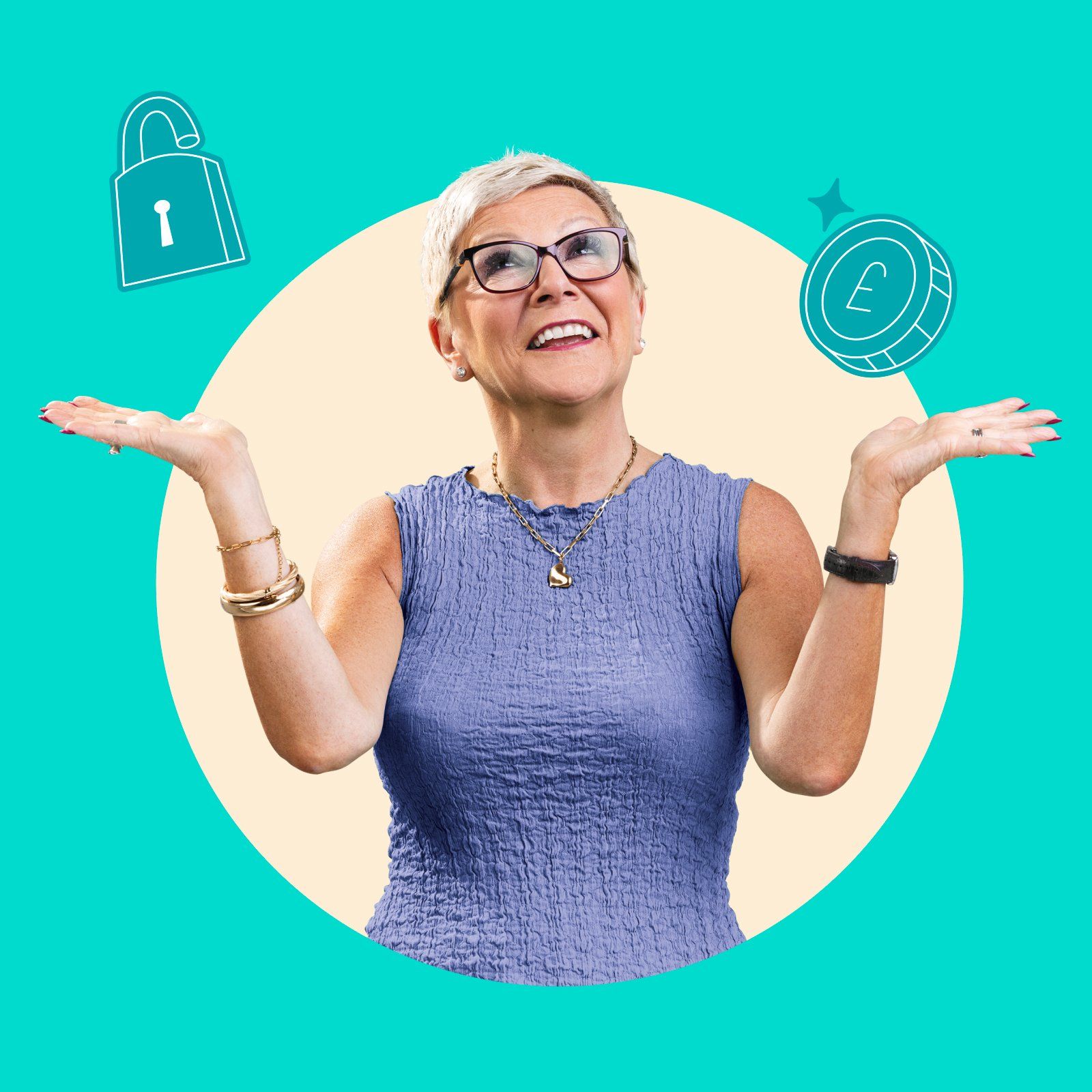 A middle aged lady with short white hair and glasses pretending to juggle with illustrated icons