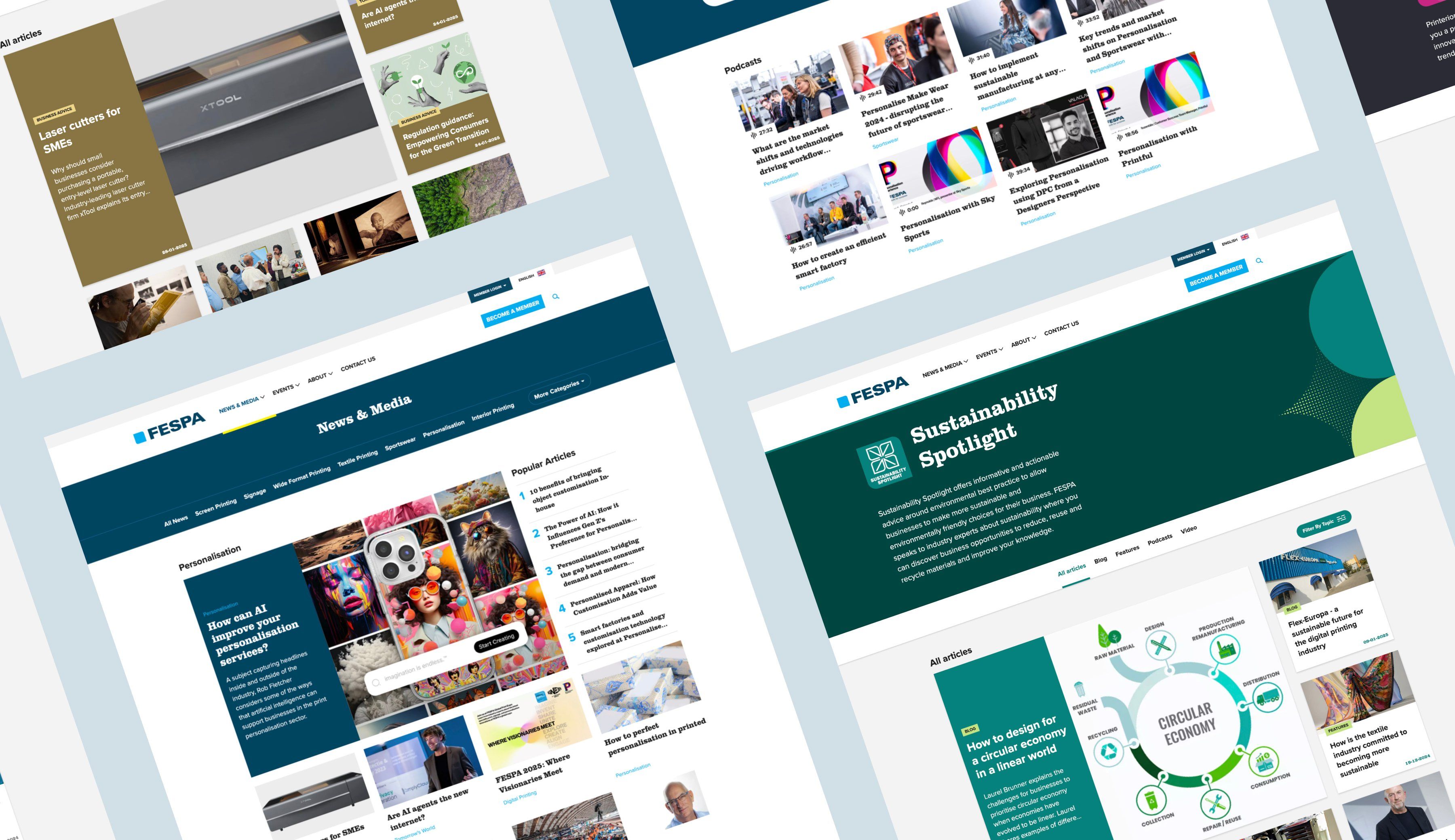 A montage of news pages with different colour themese to show versatility of the site