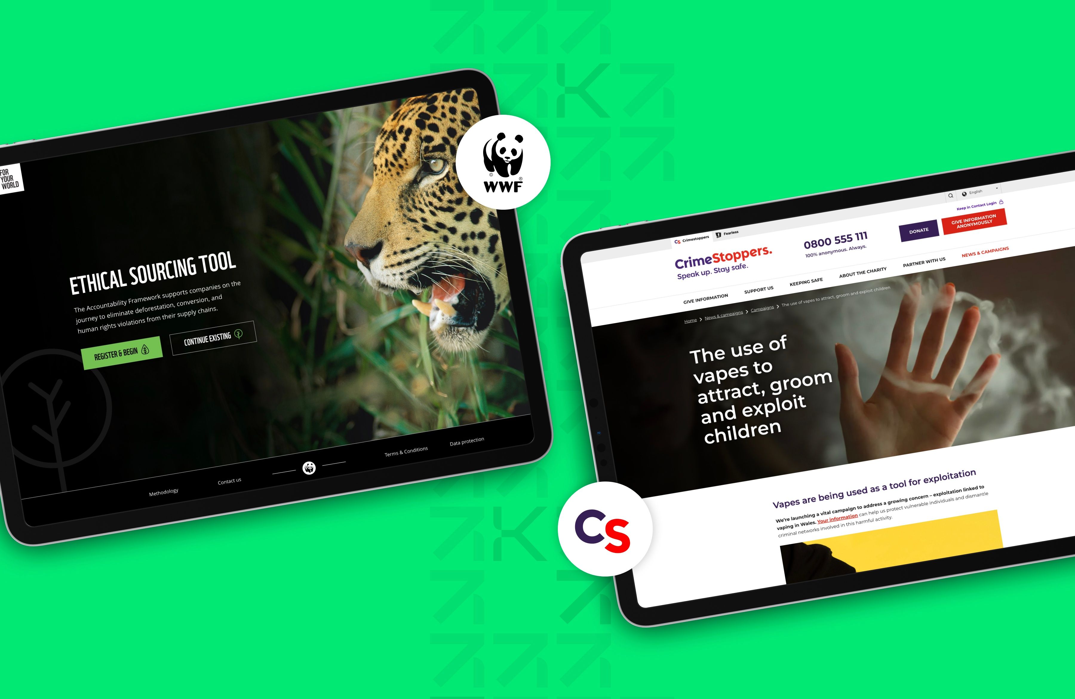 WWF ethical sourcing tool and Crimestoppers websites on tablet devices