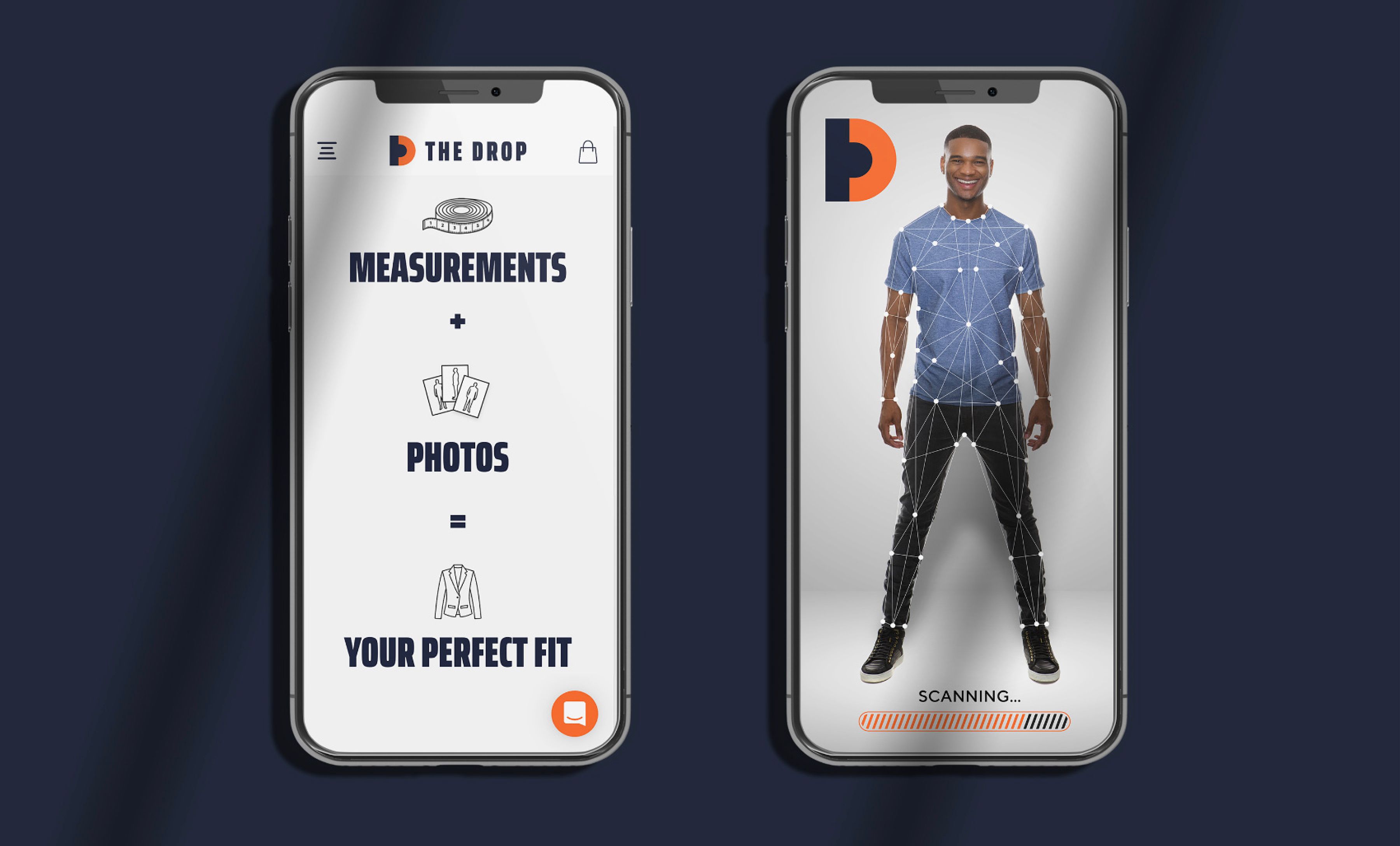 A screen from mobile view showing a user photo being measured by AI for a perfect suit fit