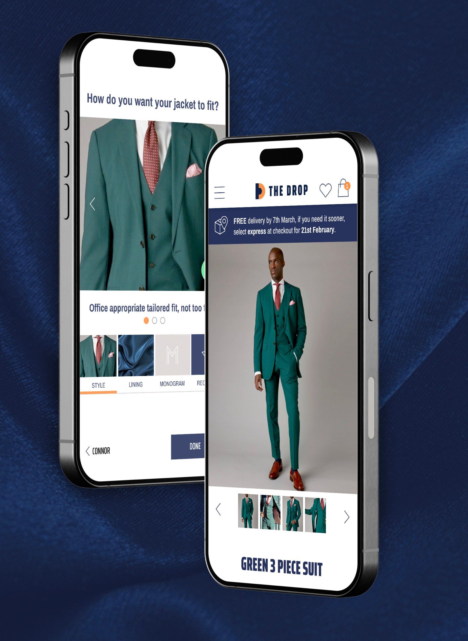 Visual of two phone screens showing the products page and the edit suit screen