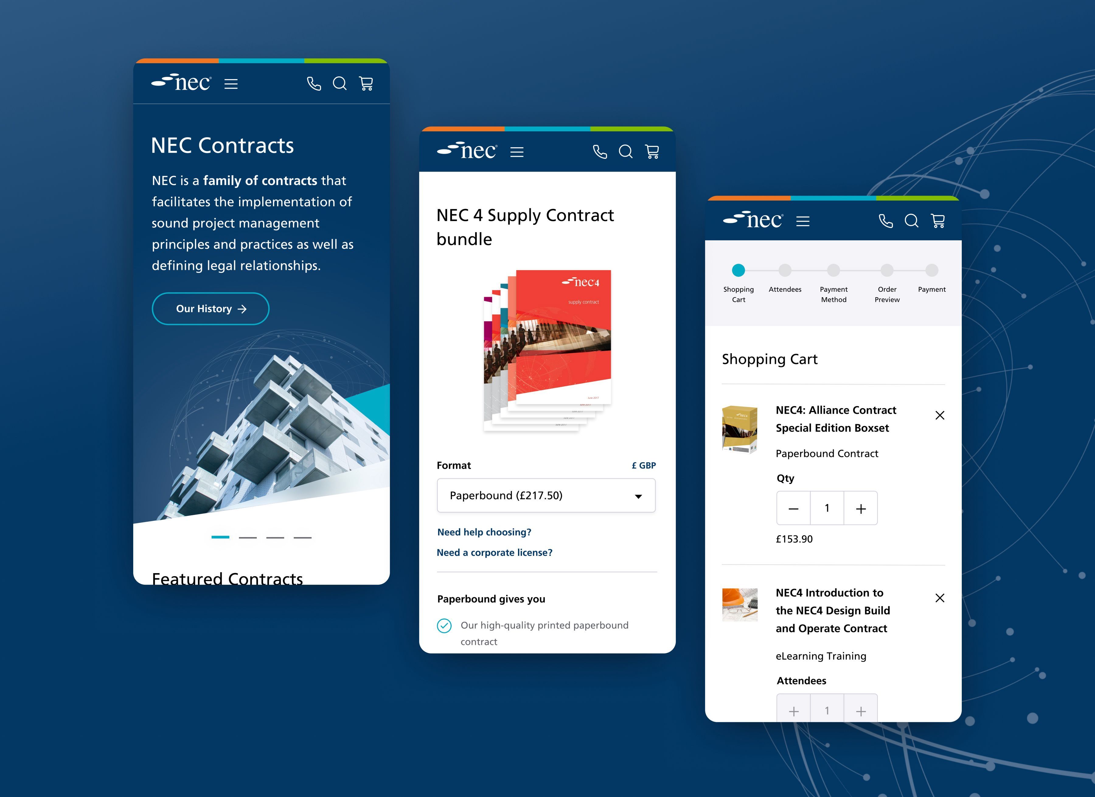 Shot of three mobile devices showing the NEC Contracts site