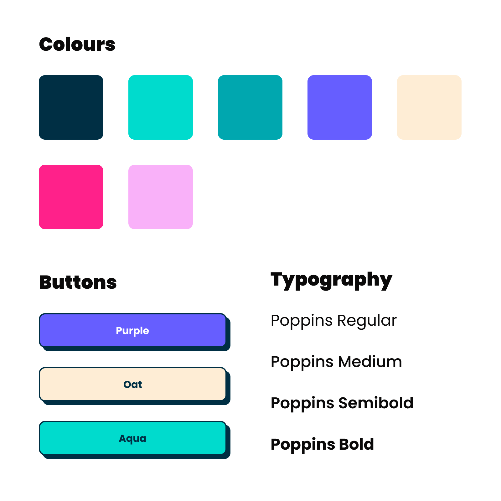 Styleguide showing 1st Central brand colours of navy, aqua and oat colours