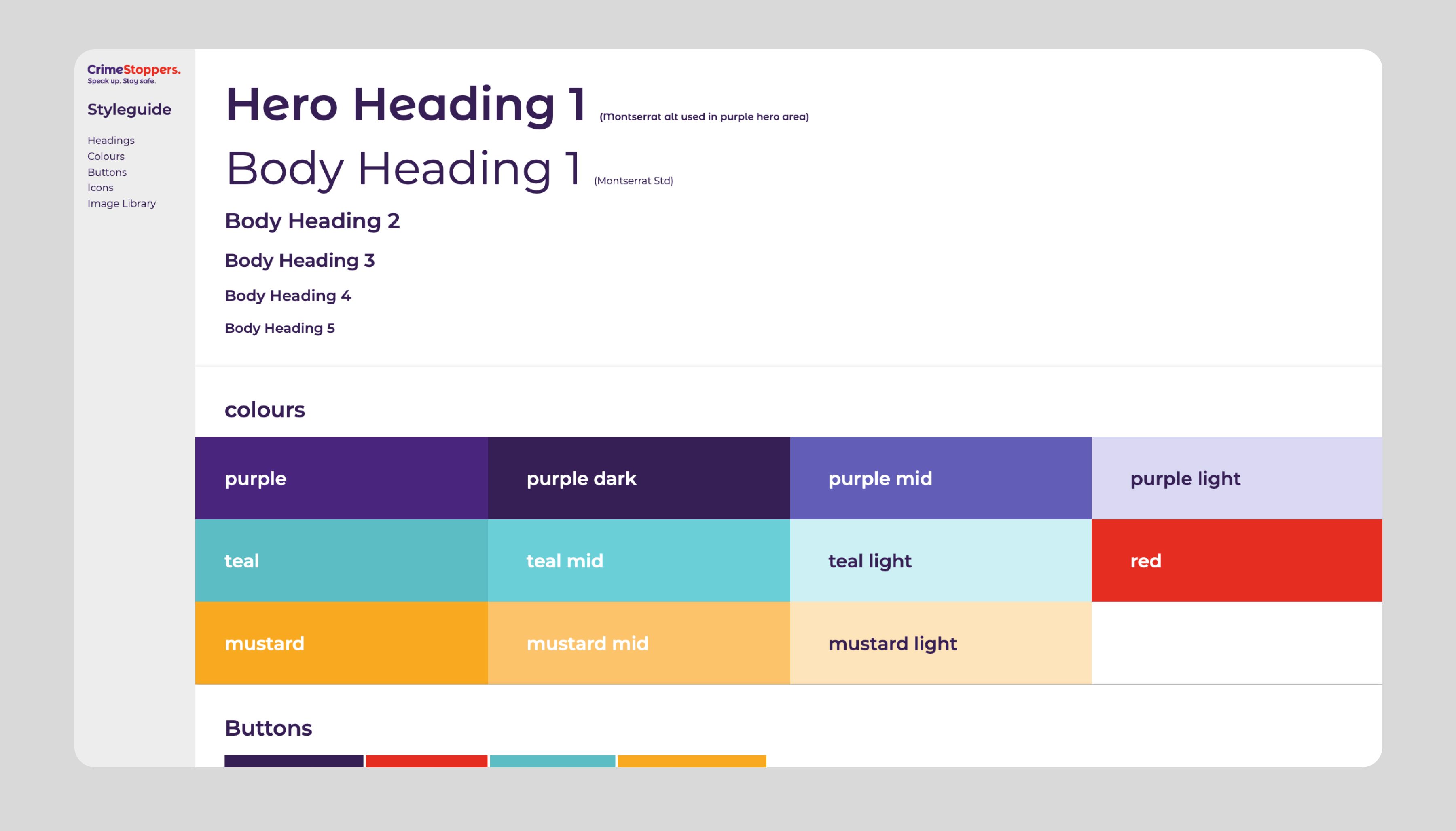 An image of a site styleguide, showing colour usage and fonts taken from the brand