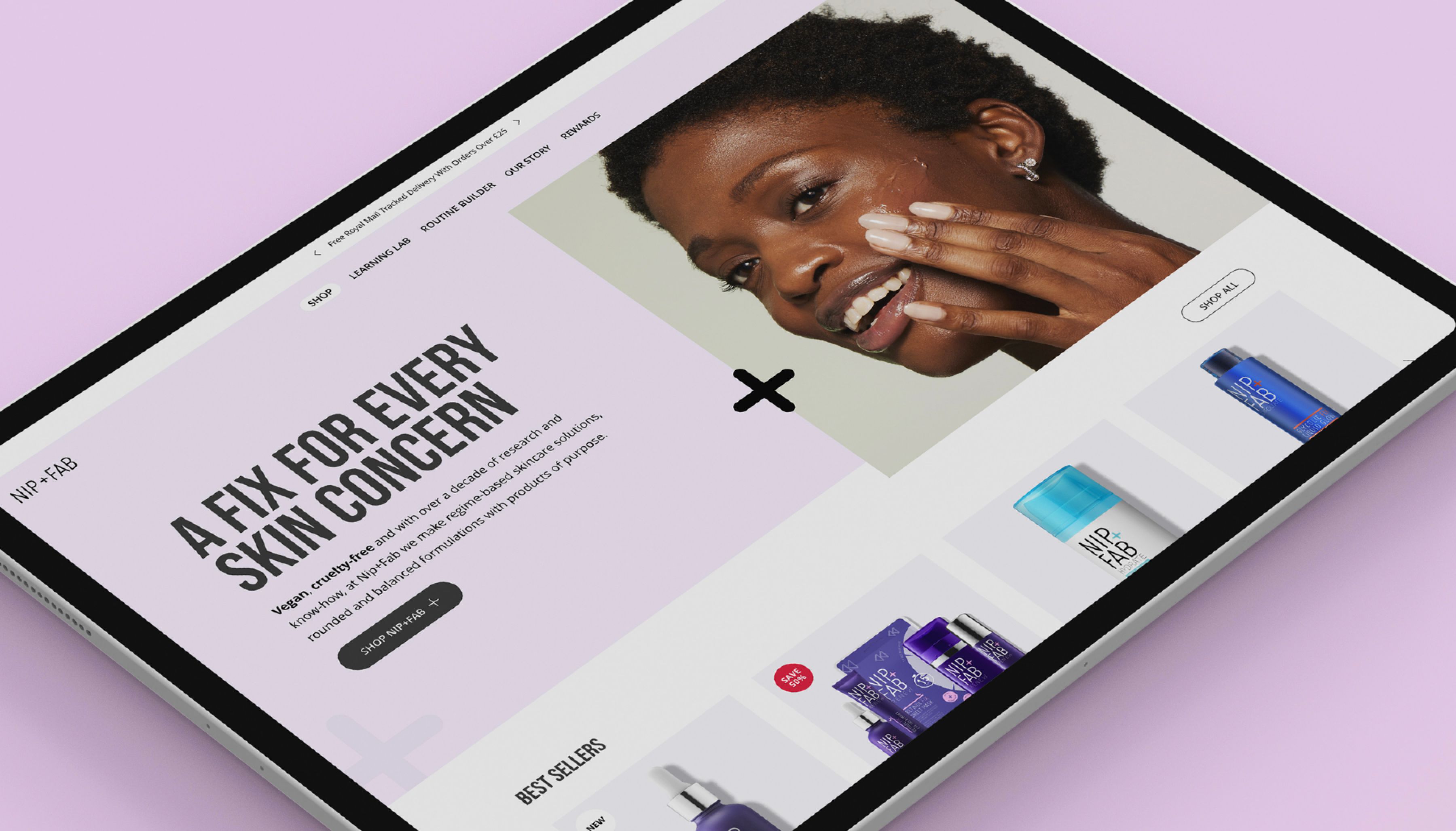 Nip + Fab site on a tablet.  Features a close up shot of a black woman applying a facial serum